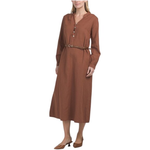 LA PICCOLA CREATIVA Made In Italy Linen Blend Long Sleeve Shirt Mini Dress With - Picture 1 of 3